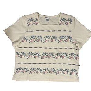 Alfred Dunner Vintage Top Waffleknit Cross Stitch Cherry Ribbon Detail Sz 2X